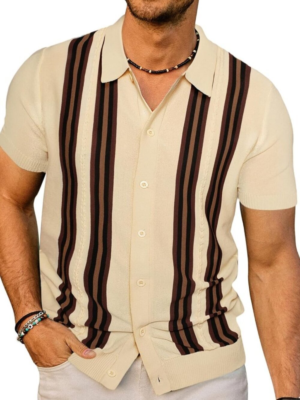 Men's Apricot Vintage Striped Knit Button-Down Beach Short Sleeve Shirt